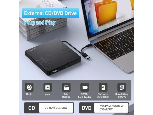 External CD DVD Drive, CD Burner USB 3.0 with 2 USB Ports and 2 TF/SD Card Slots, Optical Disk Drive for Laptop Mac, PC Windows 11/10/8/7 Linux OS...