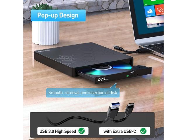 External CD DVD Drive, CD Burner USB 3.0 with 2 USB Ports and 2 TF/SD Card Slots, Optical Disk Drive for Laptop Mac, PC Windows 11/10/8/7 Linux OS...