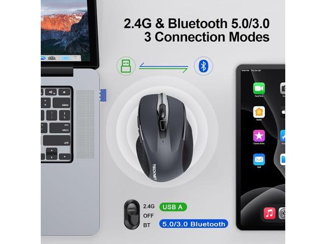 TECKNET Wireless Mouse (2.4G & BT5.0/3.0) Silent 4800 DPI Computer USB A & Bluetooth Mouse 6 Buttons, Wide Compatibility - Grey