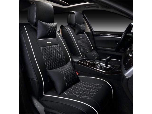 Acaigel Primium Car Seat Cover Pillow Full Set Black PU Leather Cushion White Thread Pad