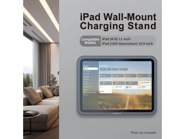EMONITA iPad Wall Mount Frame for iPad (A16/ 10th gen) 11-Inch Full Tablet Charging Dock Station Wireless Chargers Stand Silver