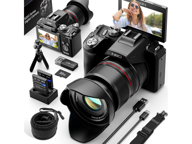 5K 64MP Optical Zoom Vlogging Camera, 180° Flip Screen Digital Camera with 16X Optical Zoom, Autofocus, WiFi, Tripod, 2 Batteries & 32GB TF Card