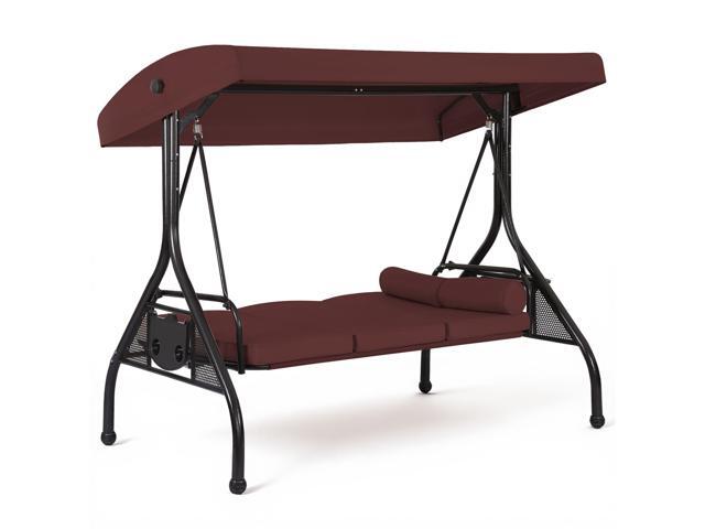 VANBOW 3-Seat Outdoor Porch Swing with Adjustable Canopy, 2 in 1 Convertible Patio Swing Bed, Patio Glider Swing for Backyard Red