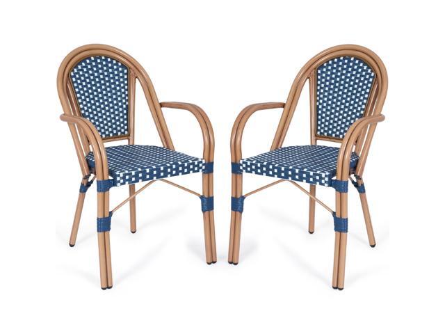 VANBOW French Bistro Chairs Set of 2, Hand-Woven PE Rattan Outdoor Arm Dining Chairs with Metal Frame for Garden Balcony, White/Blue