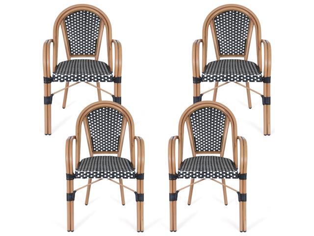 VANBOW French Bistro Chairs Set of 4, Hand-Woven PE Rattan Outdoor Arm Dining Chairs with Metal Frame for Garden Balcony, White/Black
