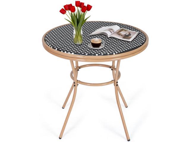 VANBOW 31' Round Outdoor Bistro Table, PE Rattan Patio Side Table with Adjustable Foot Pad, Outdoor Dining Table for Garden Balcony, Black/White