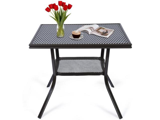 VANBOW 35.2' Square Outdoor Bistro Table, PE Rattan Patio Side Table with Storage Shelf, Outdoor Dining Table for Garden Balcony, Black/White