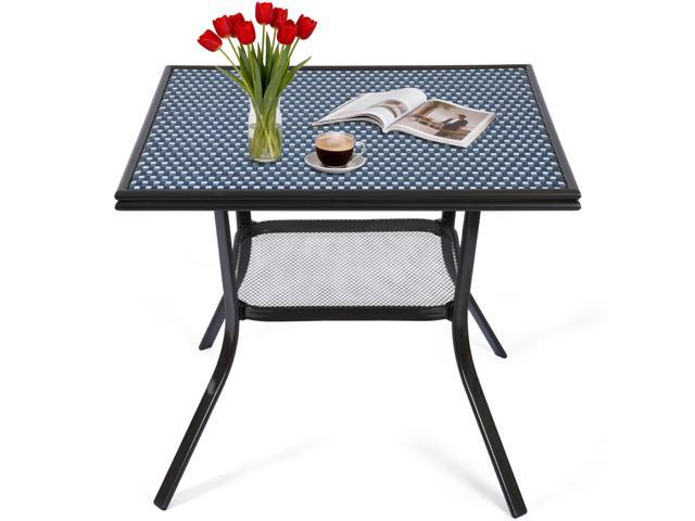 VANBOW 35.2' Square Outdoor Bistro Table, PE Rattan Patio Side Table with Storage Shelf, Outdoor Dining Table for Garden Balcony, Blue/White