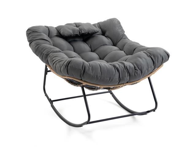 VANBOW Large Indoor Outdoor Rocking Chair, Papasan Rocking Chair with Thick Cushion, Oversized Wicker Rocker Egg Chairs, Grey