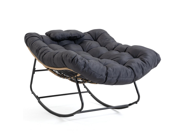 VANBOW Large Indoor Outdoor Rocking Chair, Papasan Rocking Chair with Thick Cushion, Oversized Wicker Rocker Egg Chairs, Black