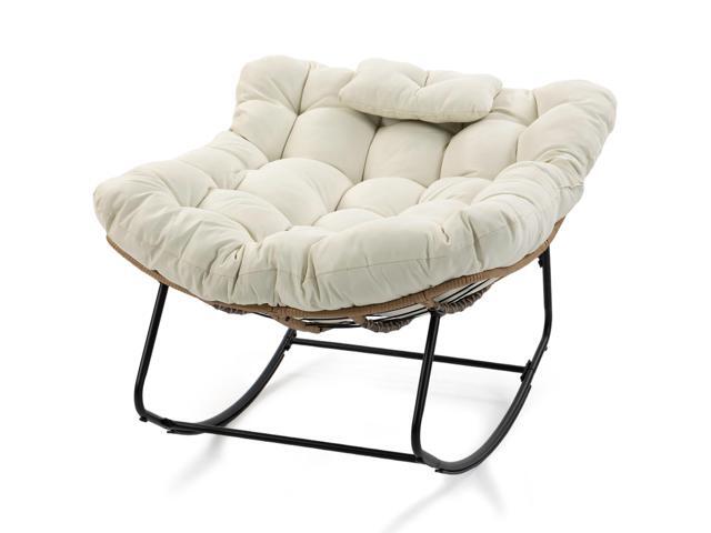 VANBOW Large Indoor Outdoor Rocking Chair, Papasan Rocking Chair with Thick Cushion, Oversized Wicker Rocker Egg Chairs, Beige