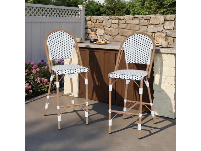 VANBOW French Counter Height Bar Stool Set of 2, 30' Patio Rattan Bar Stool Chairs, Outdoor Armless Barstools for Porch Garden Indoor, White/Black