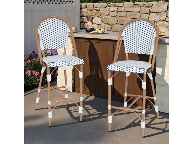 VANBOW French Counter Height Bar Stool Set of 2, 30' Patio Rattan Bar Stool Chairs, Outdoor Armless Barstools for Porch Garden Indoor, White/Blue