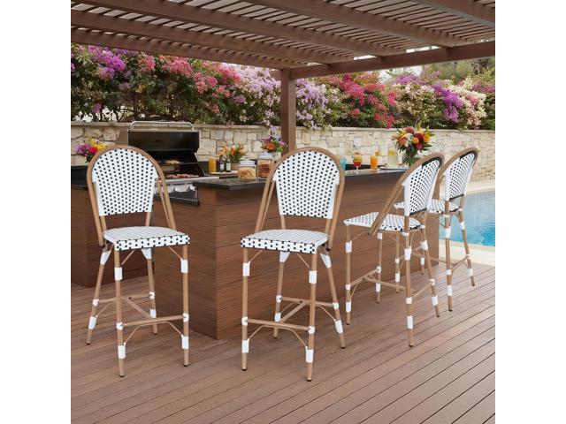 VANBOW French Counter Height Bar Stool Set of 4, 30' Patio Rattan Bar Stool Chairs, Outdoor Armless Barstools for Porch Garden Indoor, White/Black