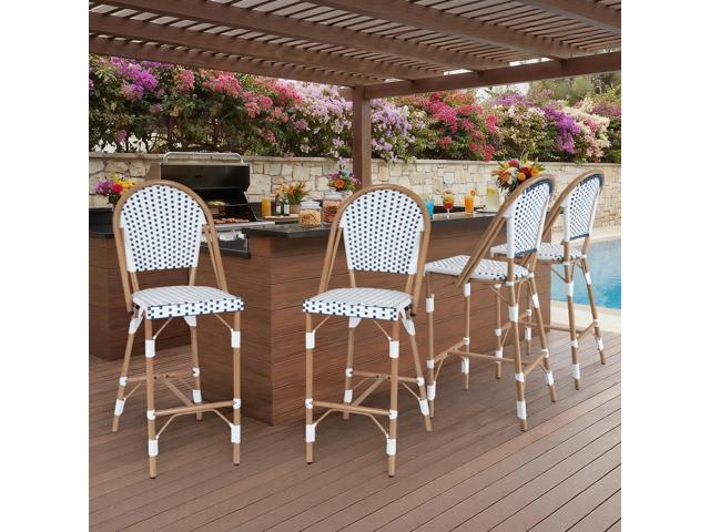 VANBOW French Counter Height Bar Stool Set of 4, 30' Patio Rattan Bar Stool Chairs, Outdoor Armless Barstools for Porch Garden Indoor, White/Blue