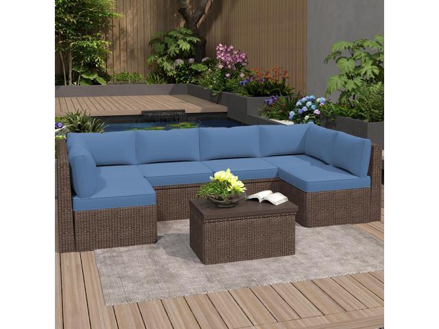 VANBOW Outdoor Replacement Cushions 14-Piece Deep Seat Water-Resistant Patio Furniture Cushions for 6-Seat Sectional Rattan Sets,Blue