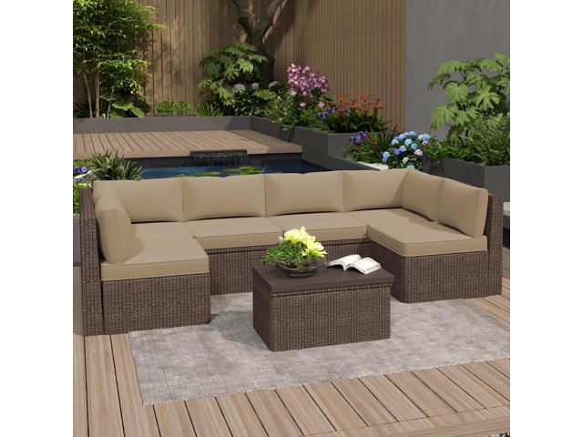 VANBOW Outdoor Replacement Cushions 14-Piece Deep Seat Water-Resistant Patio Furniture Cushions for 6-Seat Sectional Rattan Sets, Brown