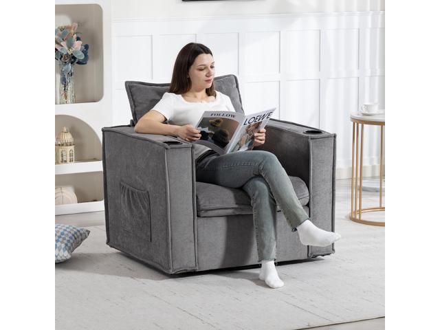 VANBOW 32 Inches Wide Swivel Accent Chair with Cup Holders, Comfy Couch with Side Pockets, Modern Sofa Chair for Living Room, Bedroom, Corner, Grey