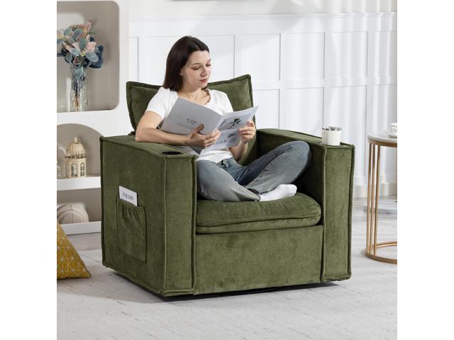 VANBOW 32 Inches Wide Swivel Accent Chair with Cup Holders, Comfy Couch with Side Pockets, Modern Sofa Chair for Living Room, Bedroom, Corner, Green