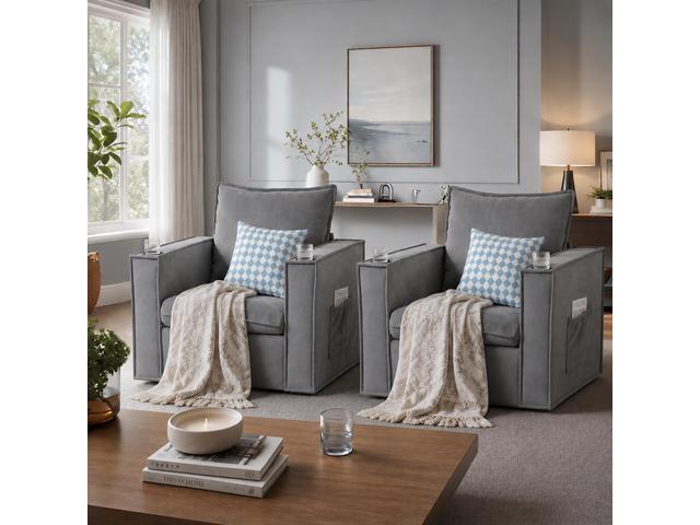 VANBOW 32 Inches Wide Swivel Accent Chair with Cup Holders Set of 2, Comfy Couch with Side Pockets, Modern Sofa Chair for Living Room, Bedroom,...