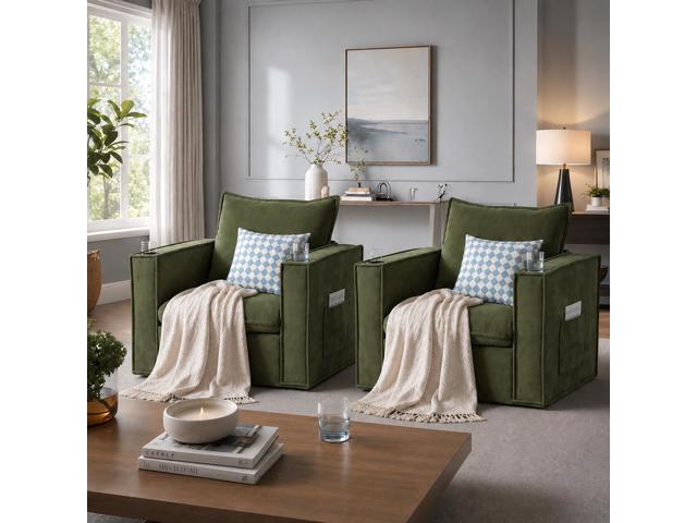 VANBOW 32 Inches Wide Swivel Accent Chair with Cup Holders Set of 2, Comfy Couch with Side Pockets, Modern Sofa Chair for Living Room, Bedroom,...