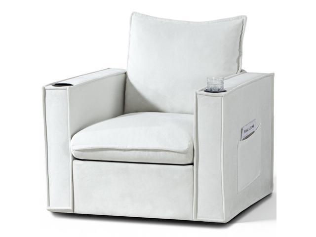 VANBOW 32 Inches Wide Swivel Accent Chair with Cup Holders, Comfy Couch with Side Pockets, Modern Sofa Chair for Living Room, Bedroom, Corner, White
