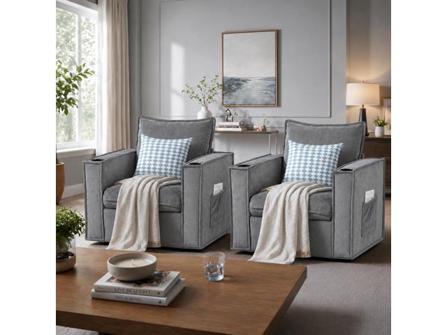 VANBOW 32 Inches Wide Swivel Accent Chair with Cup Holders Set of 2, Comfy Couch with Side Pockets, Modern Sofa Chair for Living Room, Bedroom,...
