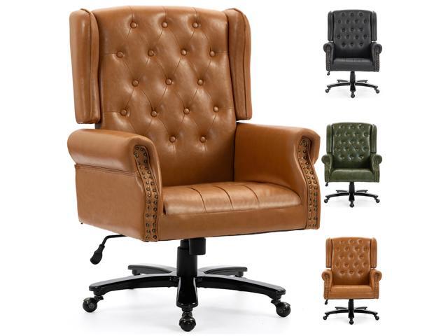 VANBOW Vintage PU Leather Office Chair, Wingback Executive Desk Chair with Tufted Back & Nailhead Trim, Wide Seat Rolled Armrests Swivel Task...