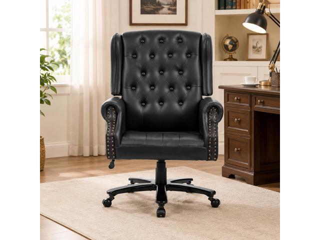 VANBOW Vintage PU Leather Office Chair, Wingback Executive Desk Chair with Tufted Back & Nailhead Trim, Wide Seat Rolled Armrests Swivel Task...