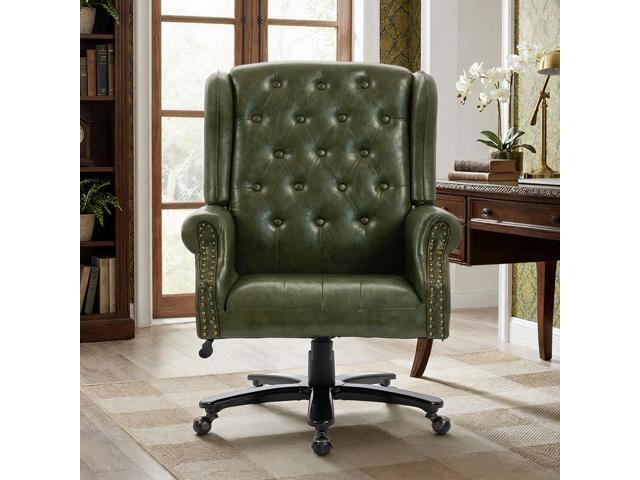 VANBOW Vintage PU Leather Office Chair, Wingback Executive Desk Chair with Tufted Back & Nailhead Trim, Wide Seat Rolled Armrests Swivel Task...