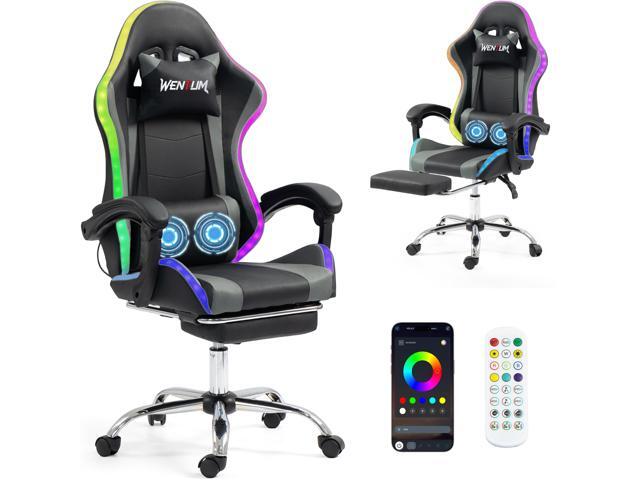 LED Lights Gaming Chair with Massage Lumbar Pillow, RGB Computer Gaming Chair with Footrest, 90°-135° Reclining Gamer Chair & Height Adjustable...