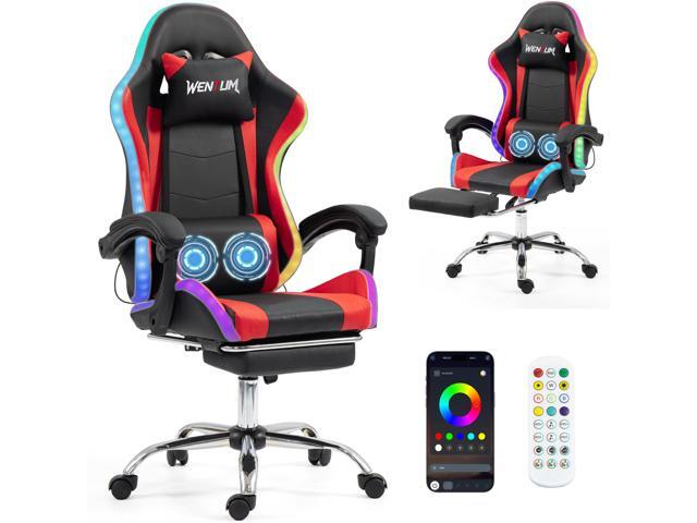 LED Lights Gaming Chair with Massage Lumbar Pillow, RGB Computer Gaming Chair with Footrest, 90°-135° Reclining Gamer Chair & Height Adjustable...