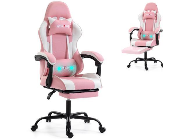 Fantasylab Ergonomic Reclining Gaming Chair with Linkage Armrests & Footrest, Racing Office Chair, PU Leather Computer Desk Chair, Pink