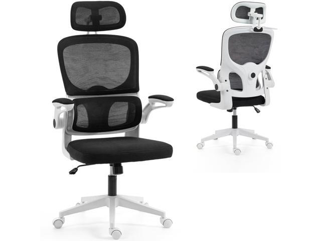 VANBOW Mesh Desk Chair with Coat Hook, Ergonomic Office Chair with Flip-up Arms, Headrest and Lumbar Support, 330 lbs, White