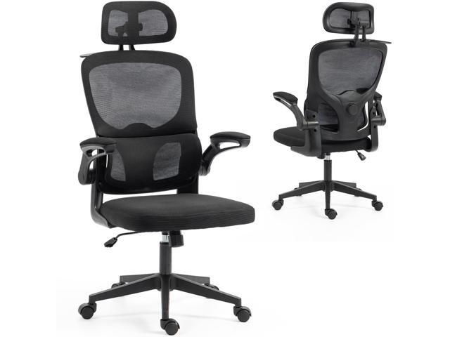 VANBOW Mesh Desk Chair with Coat Hook, Ergonomic Office Chair with Flip-up Arms, Headrest and Lumbar Support, 330 lbs, Black
