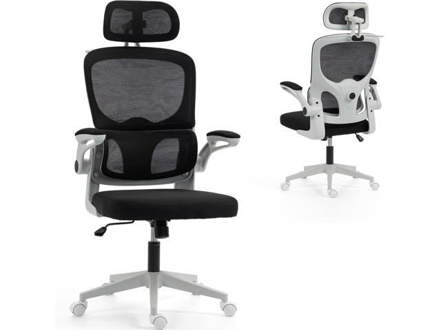 VANBOW Mesh Desk Chair with Coat Hook, Ergonomic Office Chair with Flip-up Arms, Headrest and Lumbar Support, 330 lbs, Grey