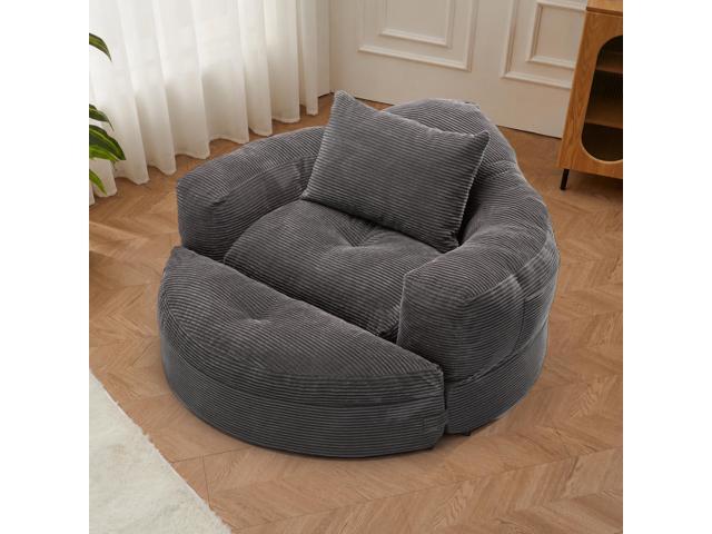 Oversized Round Chaise Lounge Chair with Ottoman, Corduroy Boneless Deep Seat Sofa for Living Room & Bedroom Grey