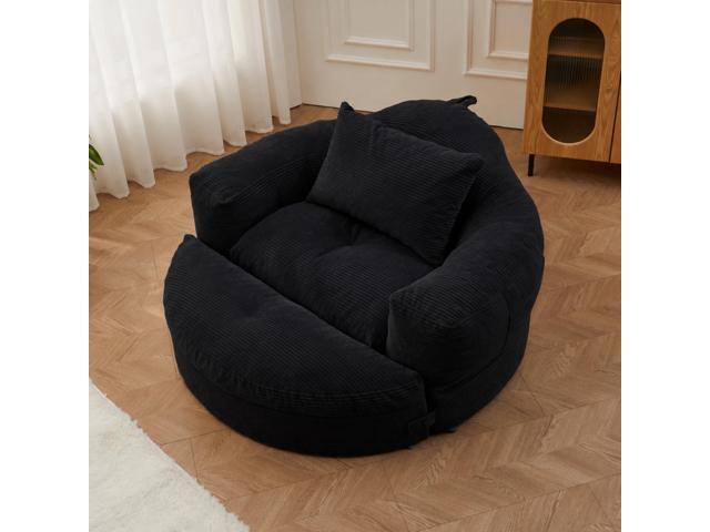 Oversized Round Chaise Lounge Chair with Ottoman, Corduroy Boneless Deep Seat Sofa for Living Room & Bedroom Black