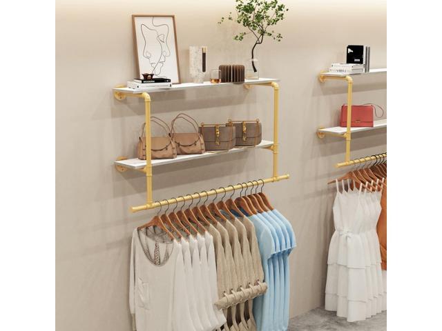 Wall Mounted Industrial Pipe Garment Rack Heavy Duty Iron Garment Rack, Multi-Purpose Clothes Display Rack with 2-tier Top Shelves