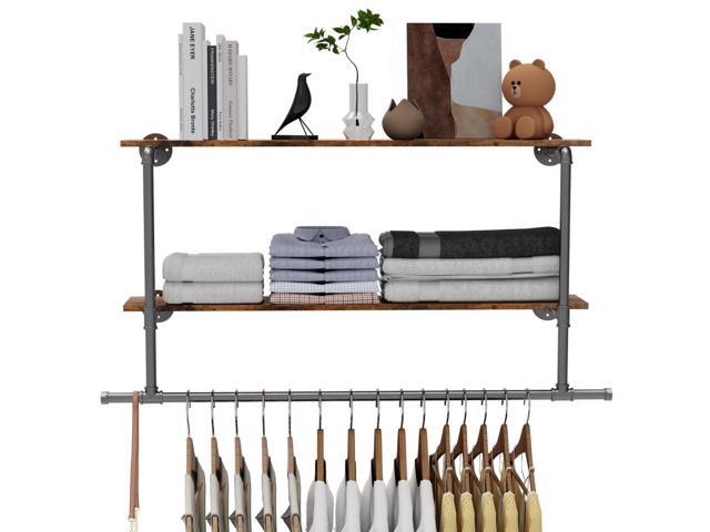 Wall Mounted Industrial Pipe Garment Rack Heavy Duty Iron Garment Rack, Multi-Purpose Clothes Display Rack with 2-tier Top Shelves