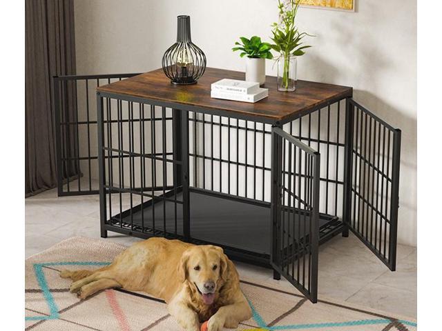 3 doors Furniture style Dog Crate, Wooden Dog Crate Table, Indoor Dog Kennel, Dog House, Dog Cage Medium with Removable Tray Medium Black