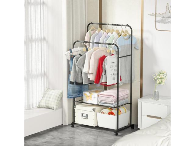 Fashional simple Double Rail Clothes Rack Rolling Clothes Organizer Double Rod Portable Clothing Hanging Stand Display Garment Rack with 2-tier...