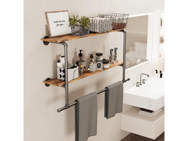 Wall Mounted Industrial Pipe Garment Rack Heavy Duty Iron Garment Rack, Multi-Purpose Clothes Display Rack with 2-tier Top Shelves