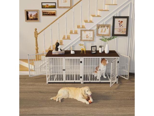 3 doors Furniture style Dog Crate, Wooden Dog Crate Table, Indoor Dog Kennel, Dog House, Dog Cage Medium with Removable Tray Large White
