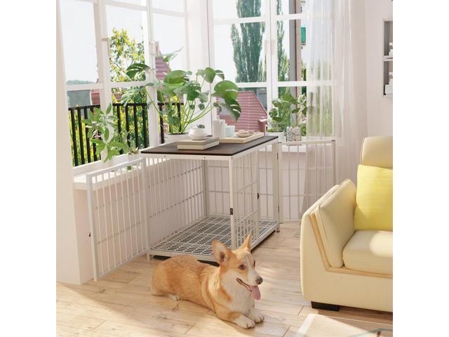 3 doors Furniture style Dog Crate, Wooden Dog Crate Table, Indoor Dog Kennel, Dog House, Dog Cage Medium with Removable Tray Large White