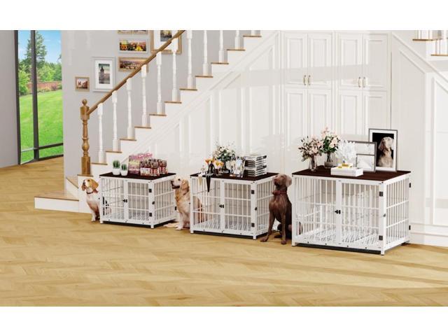 3 doors Furniture style Dog Crate, Wooden Dog Crate Table, Indoor Dog Kennel, Dog House, Dog Cage Medium with Removable Tray Medium White