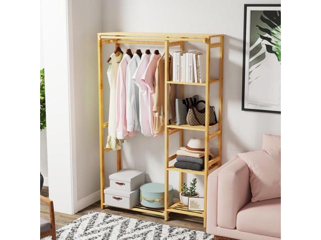 Strong Bamboo Wooden Garment Rack 6 Tier Clothes Hanging Stand Storage Shelf