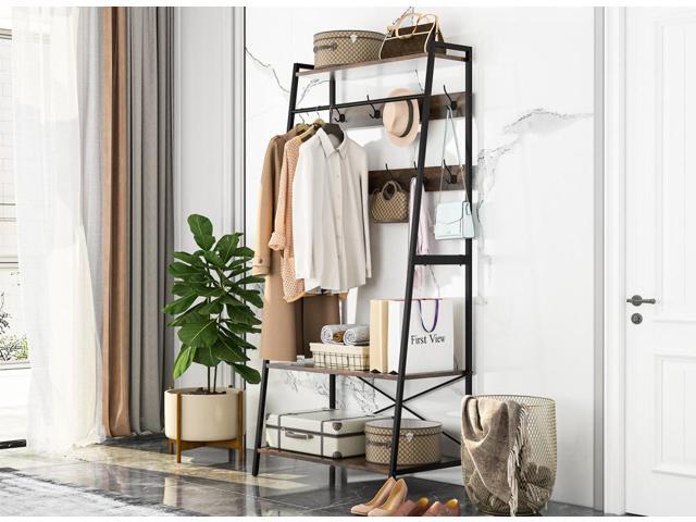 Retro Garment Rack Industrial Hanging Clothes Stand with Storage Shelves & Hooks