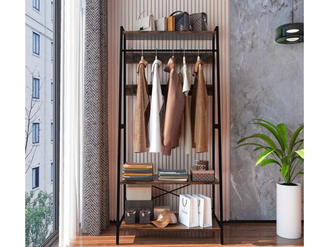 Retro Garment Rack Industrial Hanging Clothes Stand with Storage Shelves & Hooks