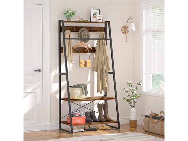 Retro Garment Rack Industrial Hanging Clothes Stand with Storage Shelves & Hooks